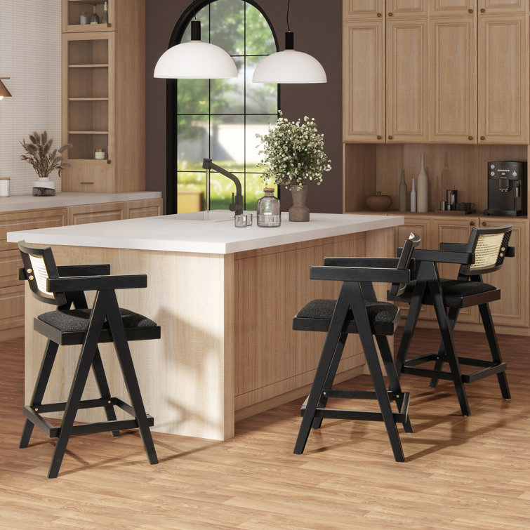 Milan 25.5'' Black Boucle Bar Stools with Cane Back, Set of 3