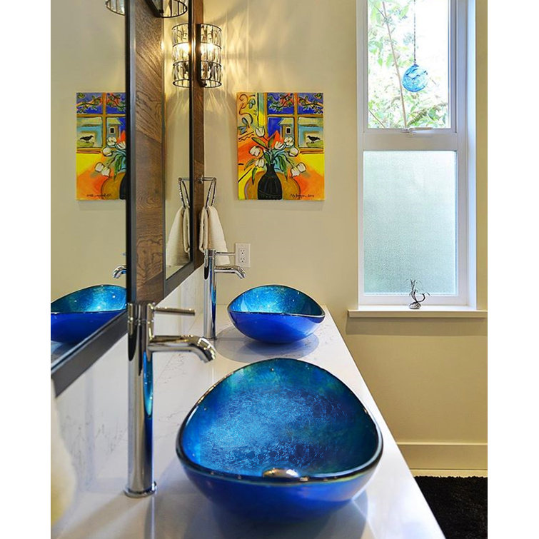 Blue Foil Painted Glass Oval Vessel Sink
