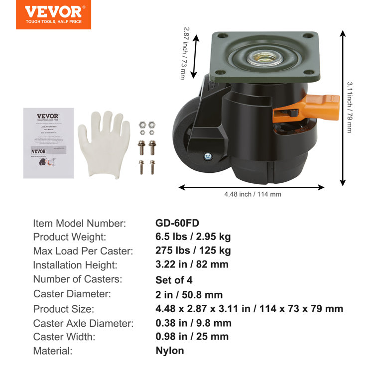 Heavy Duty 2-Inch Polyurethane Swivel Leveling Casters with Brake