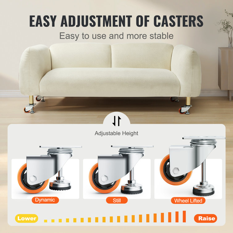 Stainless Steel Adjustable Twin Wheel Casters with Brake, Set of 4