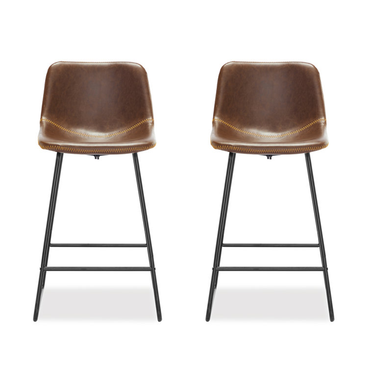 Whiskey Brown Faux Leather Counter Stools with Iron Frame, Set of 2