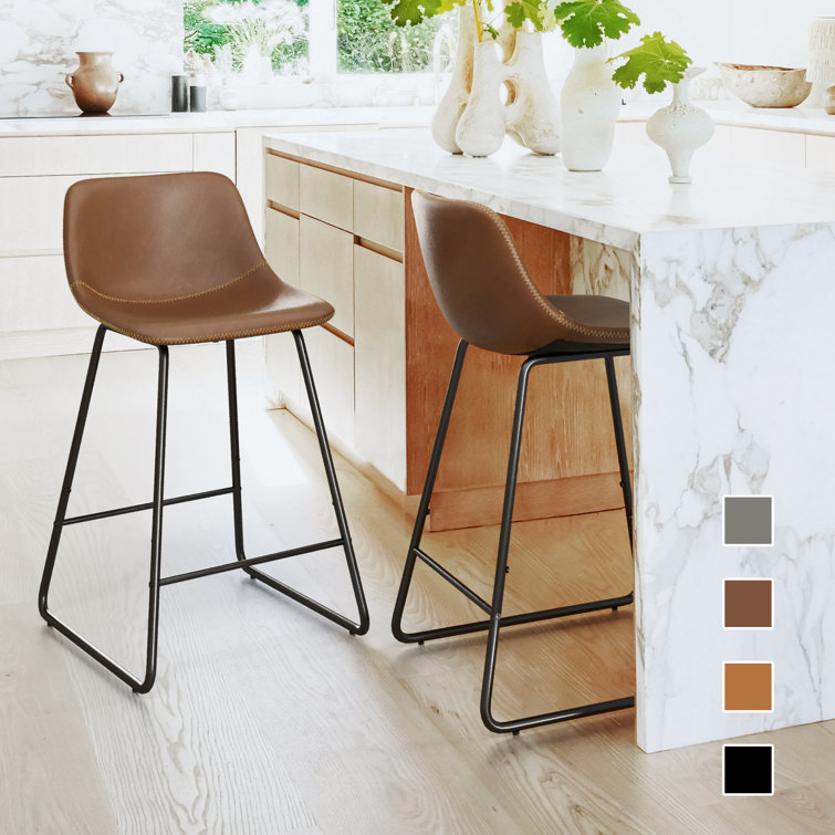 Whiskey Brown Faux Leather Counter Stools with Iron Frame, Set of 2