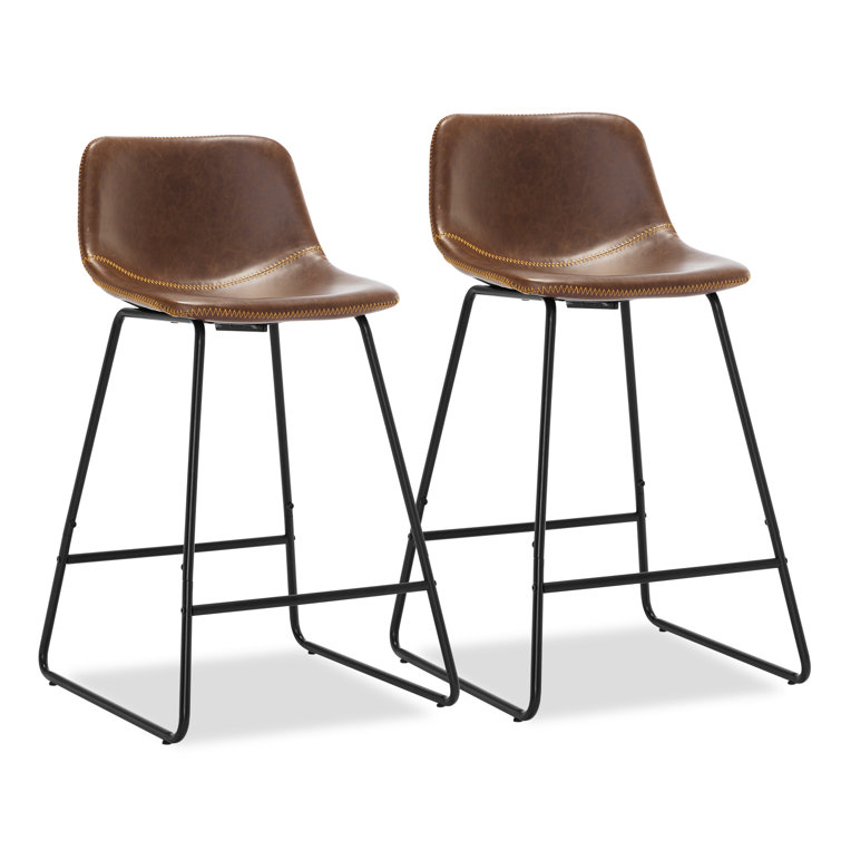 Whiskey Brown Faux Leather Counter Stools with Iron Frame, Set of 2