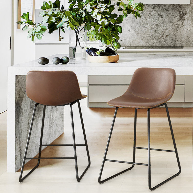 Whiskey Brown Faux Leather Counter Stools with Iron Frame, Set of 2