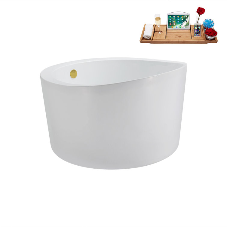 43'' Glossy White Acrylic Freestanding Soaking Bathtub with Brushed Gold Drain