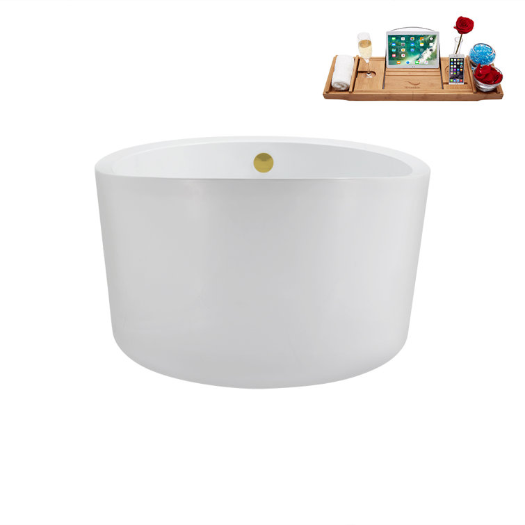 43'' Glossy White Acrylic Freestanding Soaking Bathtub with Brushed Gold Drain