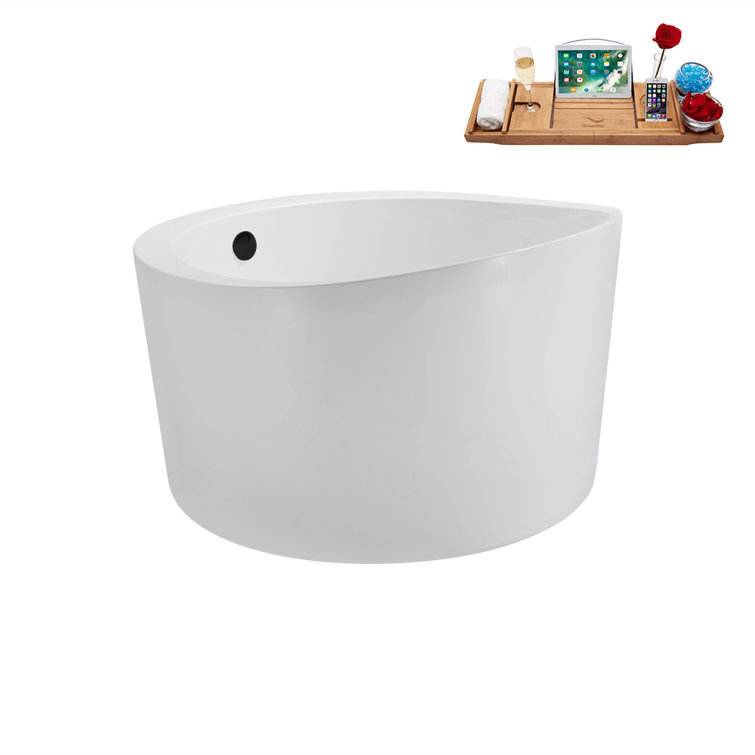43.3'' Glossy White Acrylic Freestanding Soaking Tub with Matte Black Drain
