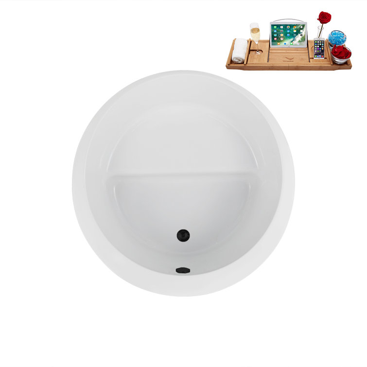 43.3'' Glossy White Acrylic Freestanding Soaking Tub with Matte Black Drain
