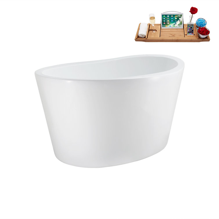 Glossy White Acrylic Freestanding Soaking Bathtub with Matte Black Drain