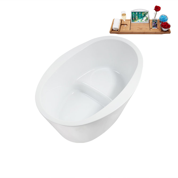 Glossy White Acrylic Freestanding Soaking Bathtub with Matte Black Drain