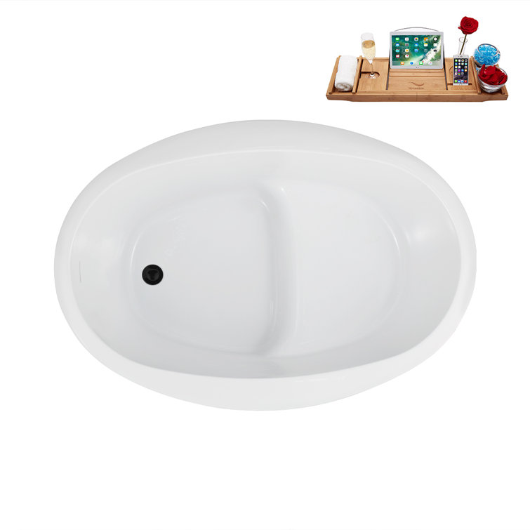 Glossy White Acrylic Freestanding Soaking Bathtub with Matte Black Drain