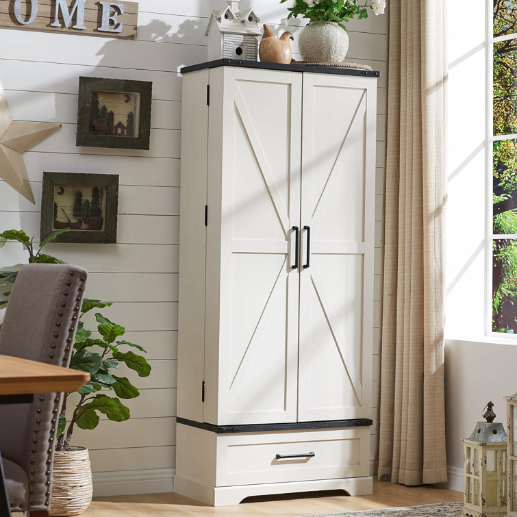White Tall Farmhouse Kitchen Pantry with Barn Doors and Adjustable Shelves