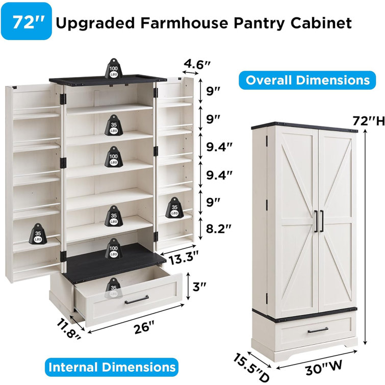 White Tall Farmhouse Kitchen Pantry with Barn Doors and Adjustable Shelves
