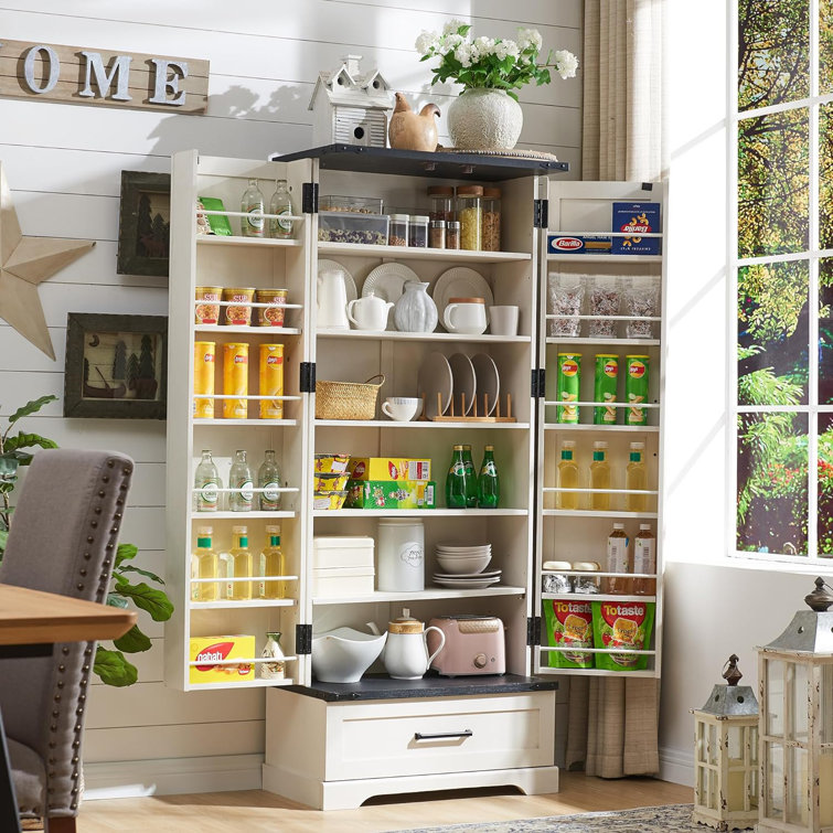 White Tall Farmhouse Kitchen Pantry with Barn Doors and Adjustable Shelves