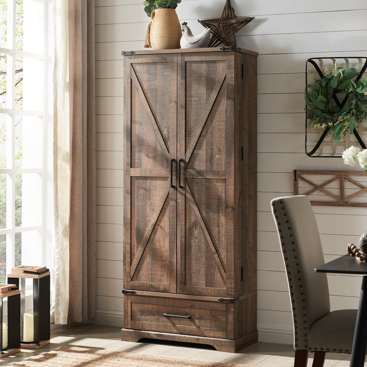 Light Brown MDF Farmhouse Tall Kitchen Pantry with Barn Doors
