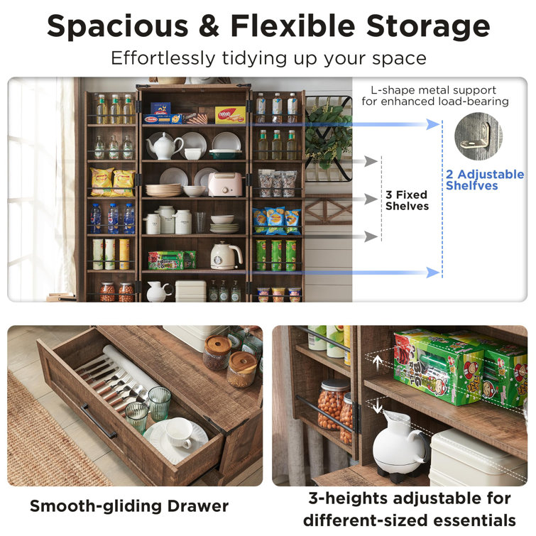 Light Brown MDF Farmhouse Tall Kitchen Pantry with Barn Doors