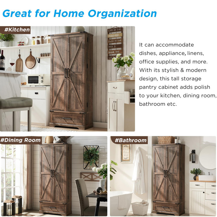 Light Brown MDF Farmhouse Tall Kitchen Pantry with Barn Doors