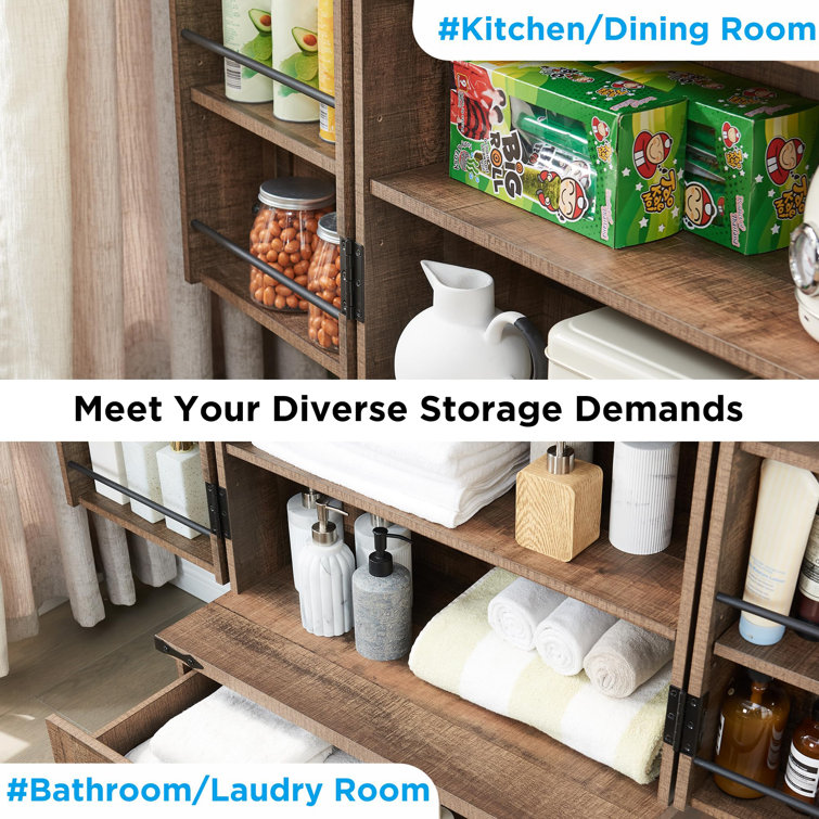 Light Brown MDF Farmhouse Tall Kitchen Pantry with Barn Doors