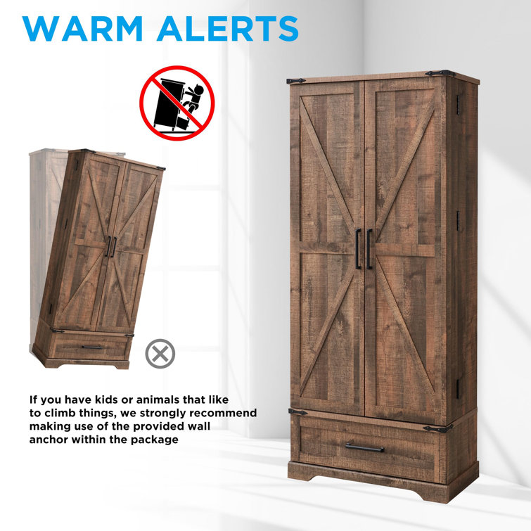 Light Brown MDF Farmhouse Tall Kitchen Pantry with Barn Doors