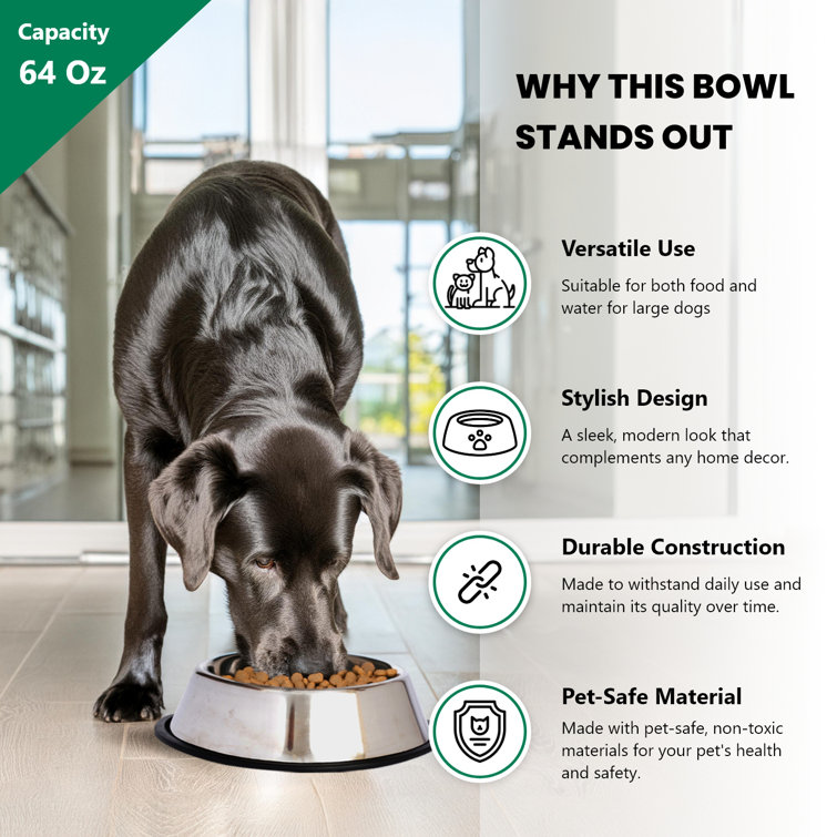 Stainless Steel Non-Skid Pet Bowl with Rubber Base, 64 Oz