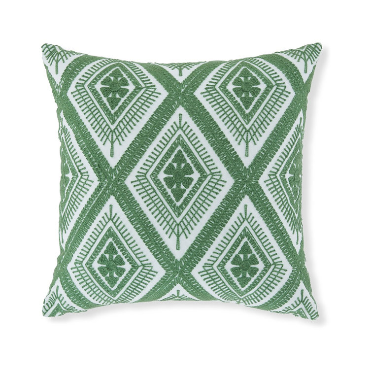 Green and White Embroidered Diamond 16" Square Pillow Set