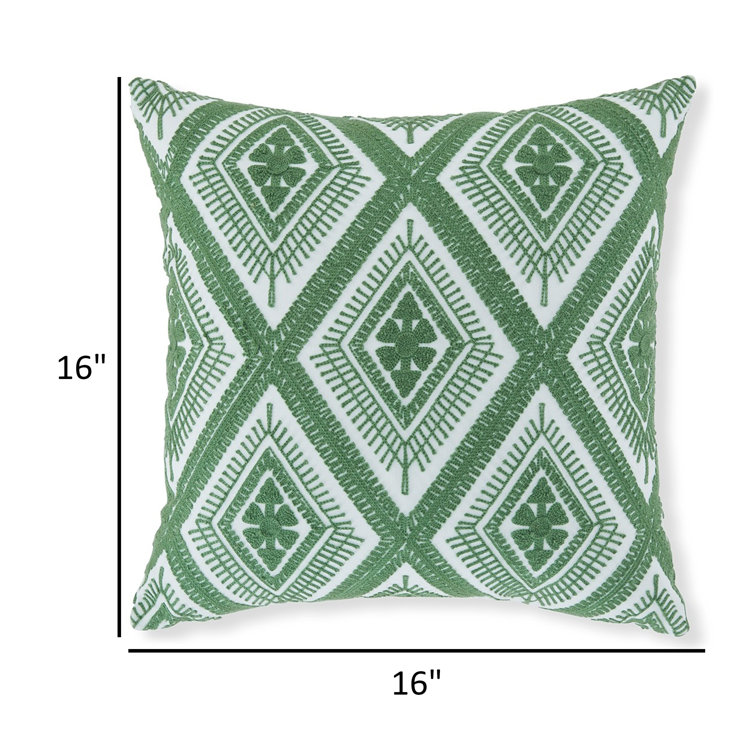 Green and White Embroidered Diamond 16" Square Pillow Set