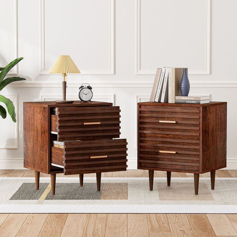 Brown Mid Century Modern 2-Drawer Wooden Nightstand Set