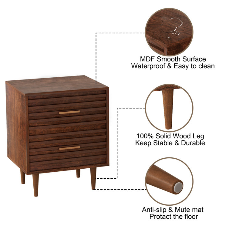 Brown Mid Century Modern 2-Drawer Wooden Nightstand Set