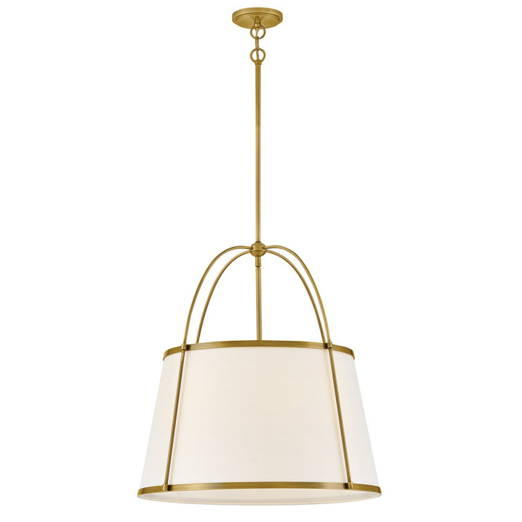 Lacquered Dark Brass Drum Chandelier with Off-White Linen Shade