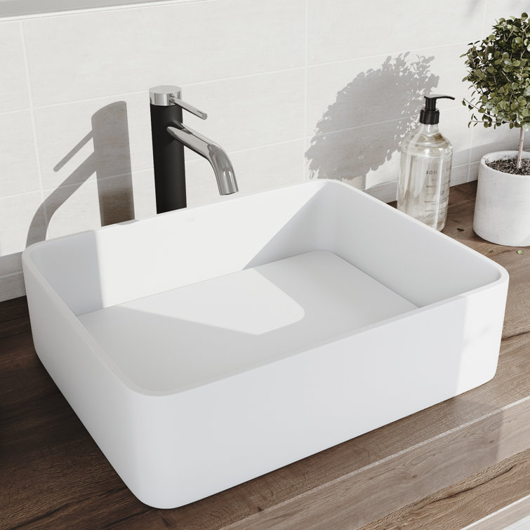 Matte White Stone Rectangular Vessel Sink with Chrome Faucet