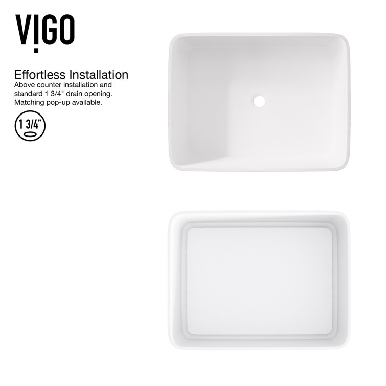 Matte White Stone Rectangular Vessel Sink with Chrome Faucet