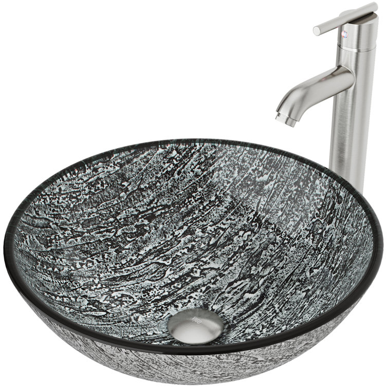 Slate Gray Round Glass Vessel Sink with Brushed Nickel Faucet