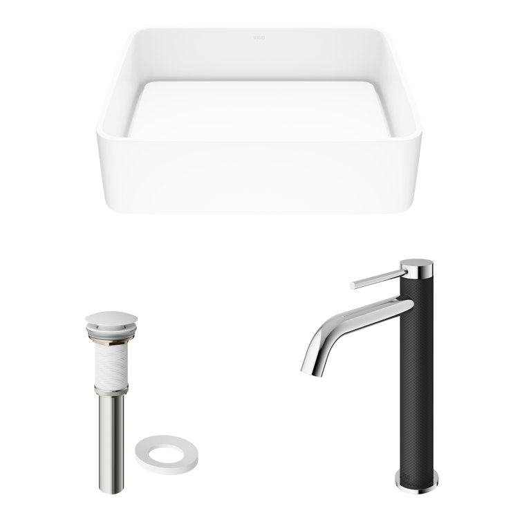 Matte White Stone Rectangular Vessel Sink with Chrome Faucet