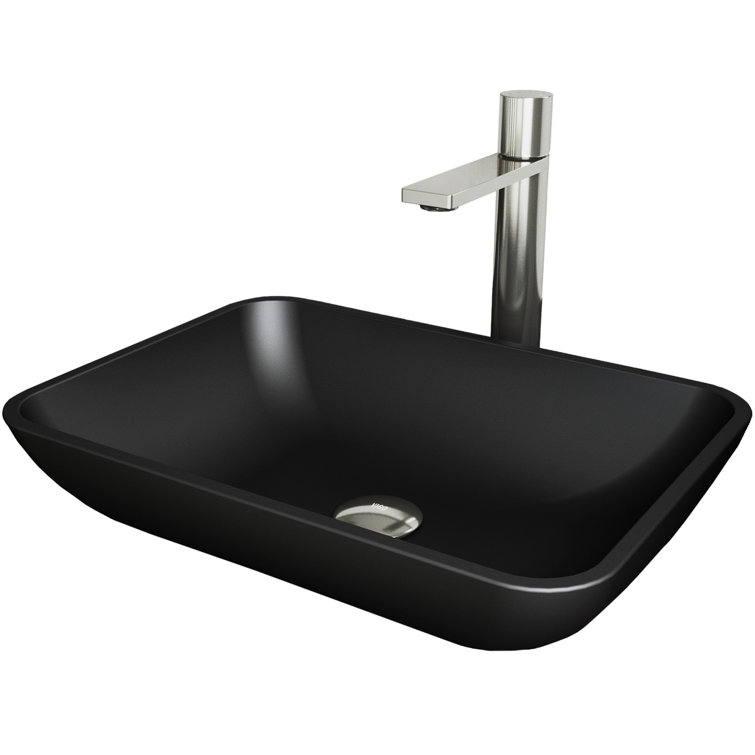 Matte Black Rectangular Glass Vessel Sink with Brushed Nickel Faucet