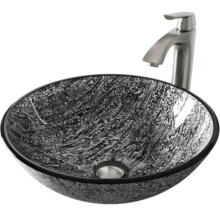 Slate Grey Round Glass Vessel Sink with Brushed Nickel Faucet