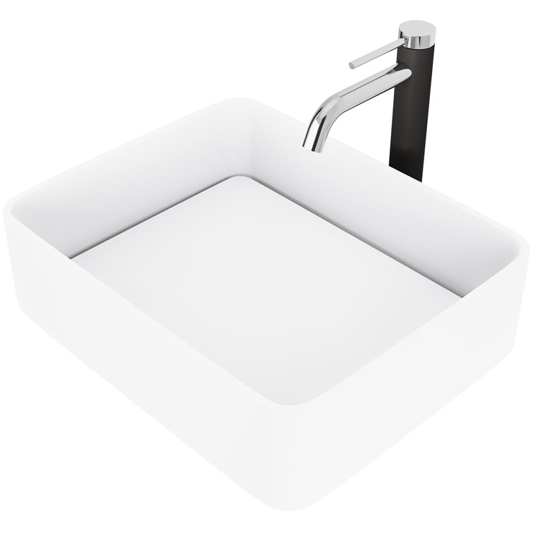 Matte White Stone Rectangular Vessel Sink with Chrome Faucet