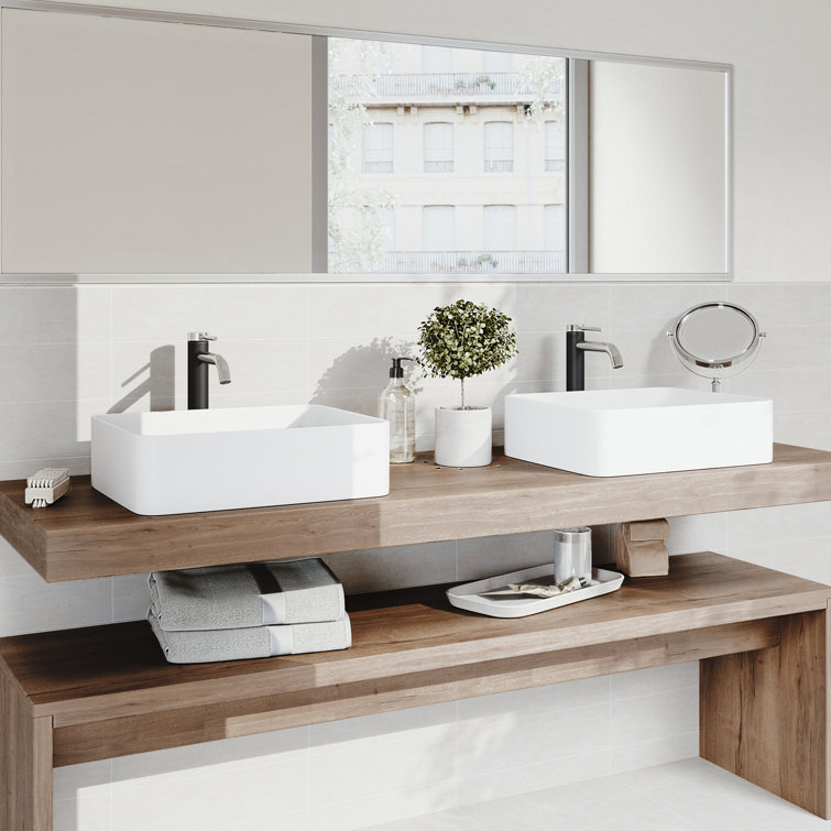 Matte White Stone Rectangular Vessel Sink with Chrome Faucet