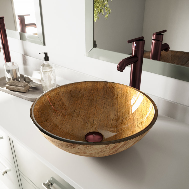Slate Gray Round Glass Vessel Sink with Brushed Nickel Faucet