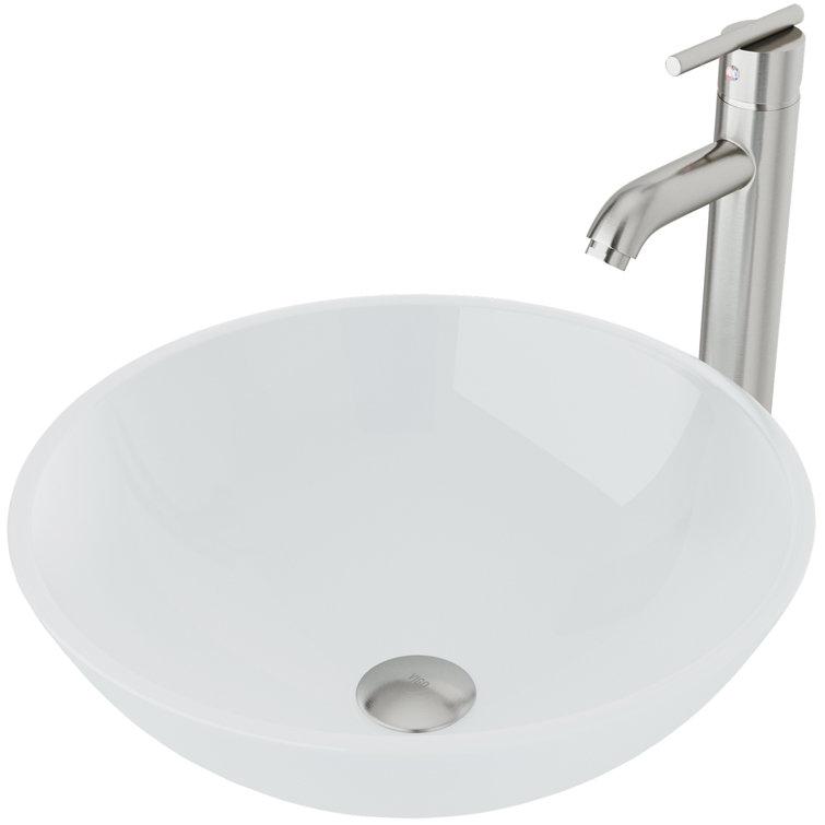 Frosted White Round Glass Vessel Sink with Brushed Nickel Faucet