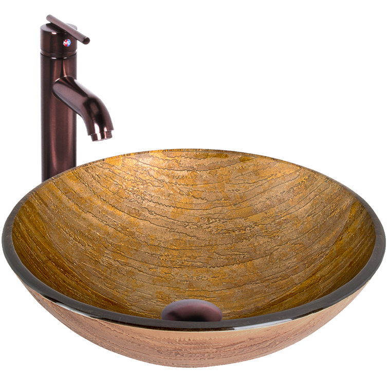 Slate Gray Round Glass Vessel Sink with Brushed Nickel Faucet