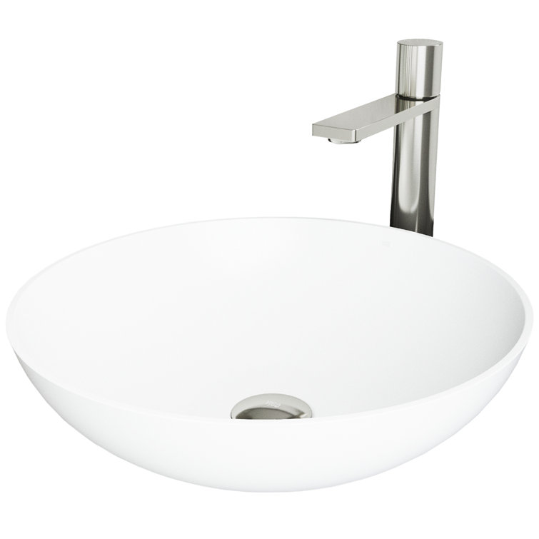 Lotus 16'' Round Matte White Stone Vessel Sink with Brushed Nickel Faucet