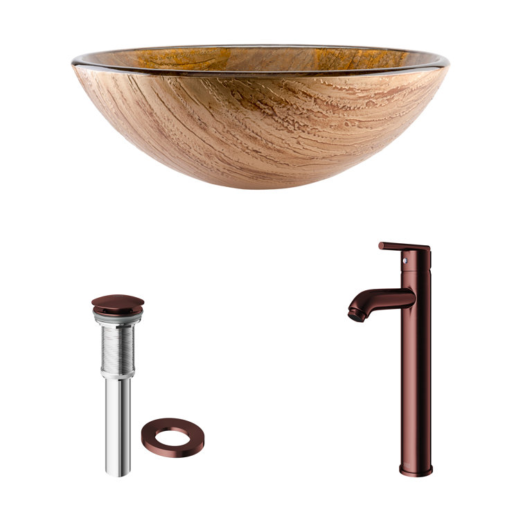 Slate Gray Round Glass Vessel Sink with Brushed Nickel Faucet