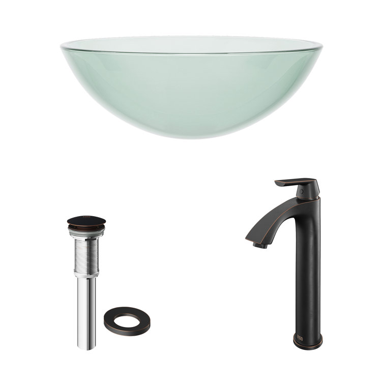 Clear Round Glass Vessel Sink with Antique Rubbed Bronze Faucet
