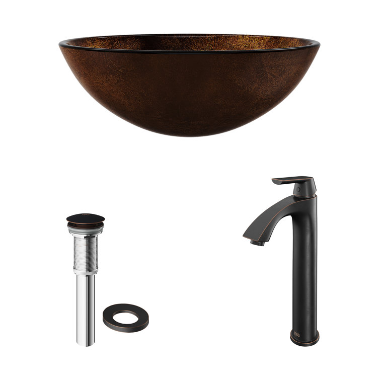 Russet Brown Round Glass Vessel Sink with Faucet