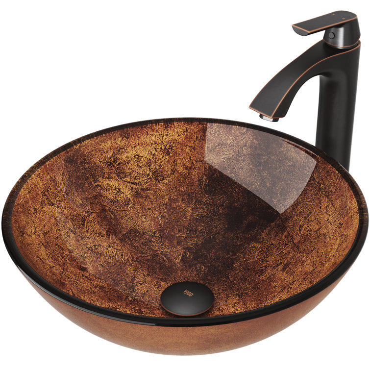 Russet Brown Round Glass Vessel Sink with Faucet