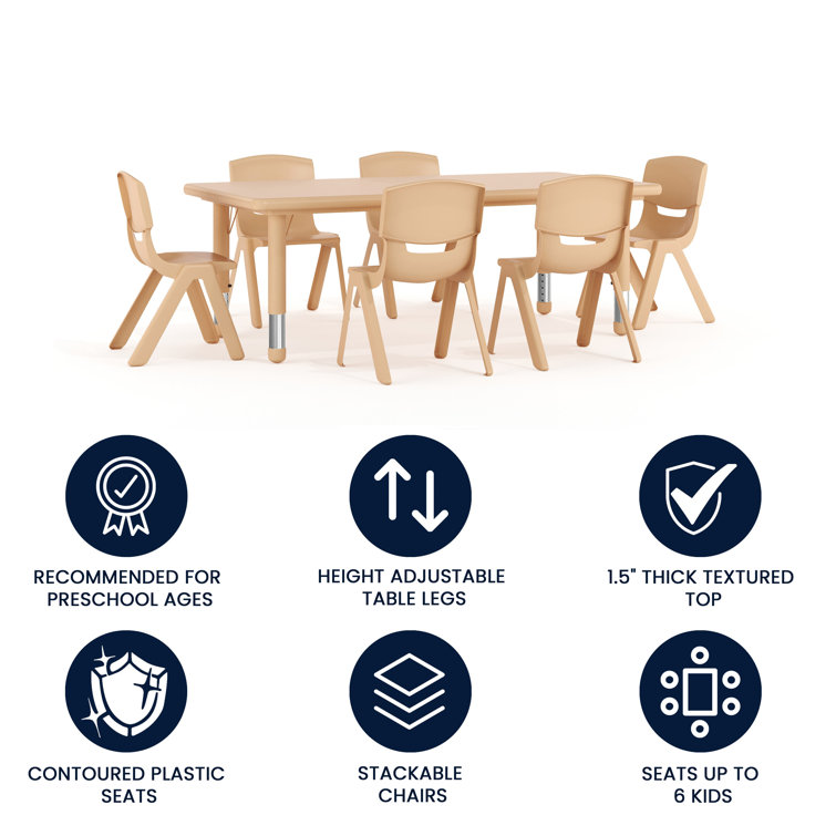 Natural Plastic Height Adjustable Kids Activity Table Set with 6 Chairs