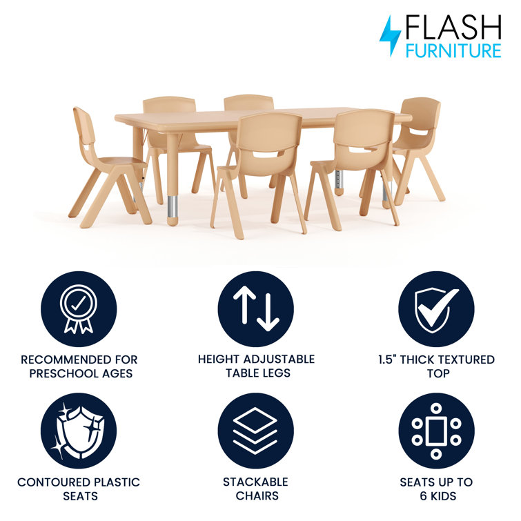 Natural Plastic Height Adjustable Kids Activity Table Set with 6 Chairs