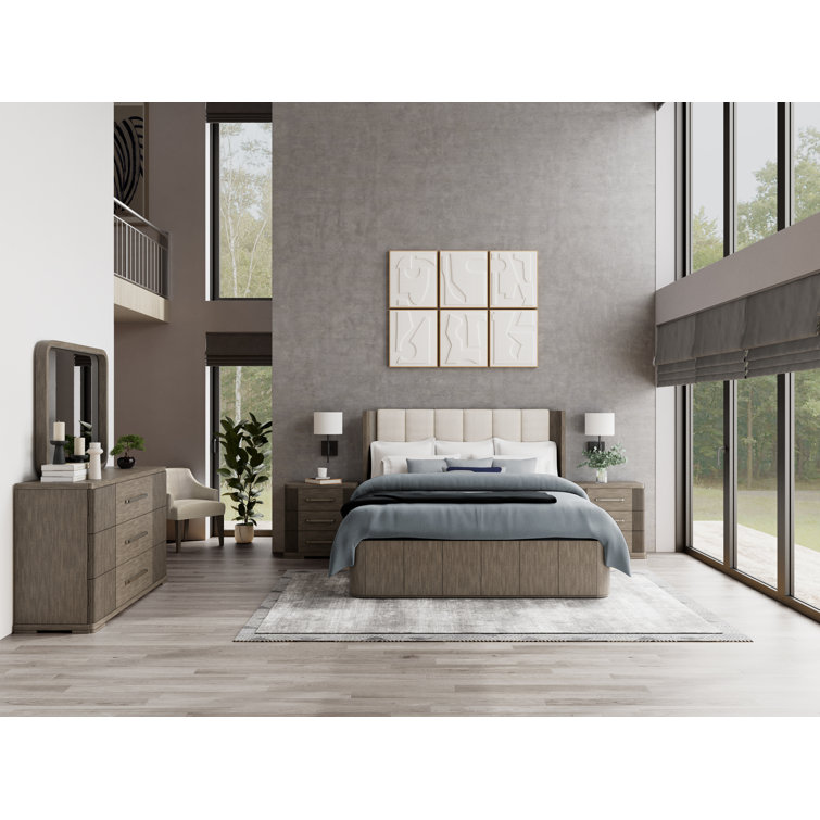 Queen Beige Upholstered Wood Frame Bed