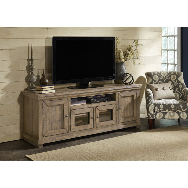 Weathered Gray Pine 74" Rustic Media Console with Glass Doors