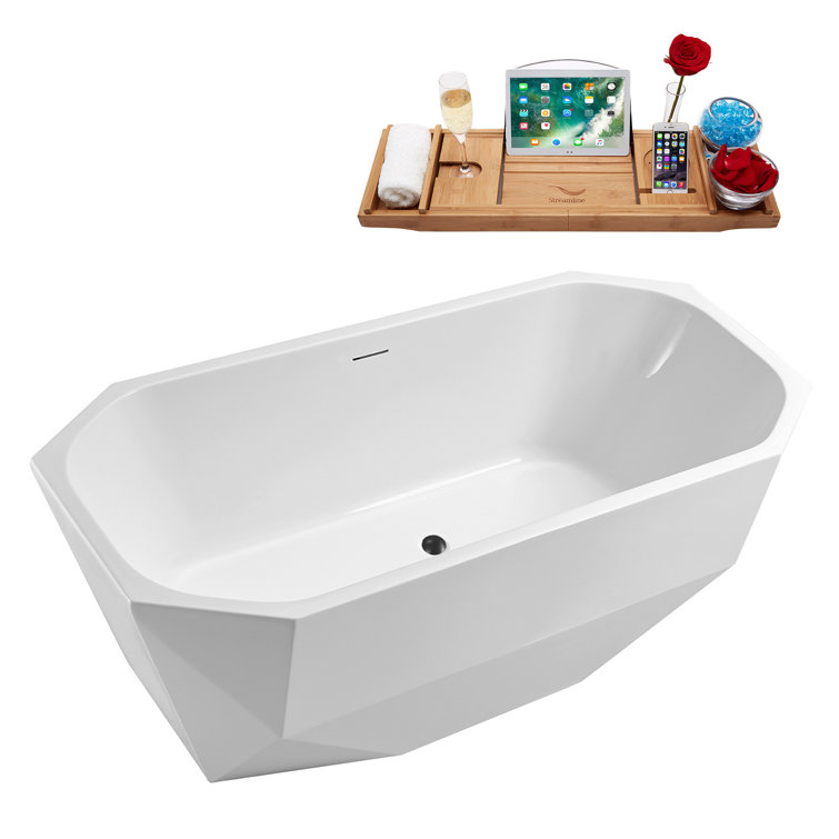 63'' Glossy White Acrylic Freestanding Soaking Bathtub with Bamboo Tray